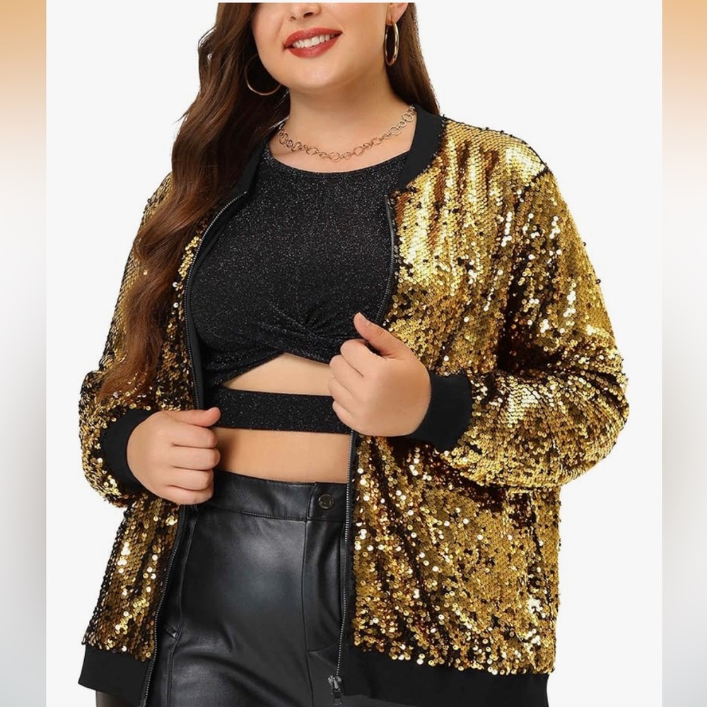 🆕 Agnes Orinda Women's Gold Sequin Bomber Jacket size 2X concert outfit sparkly